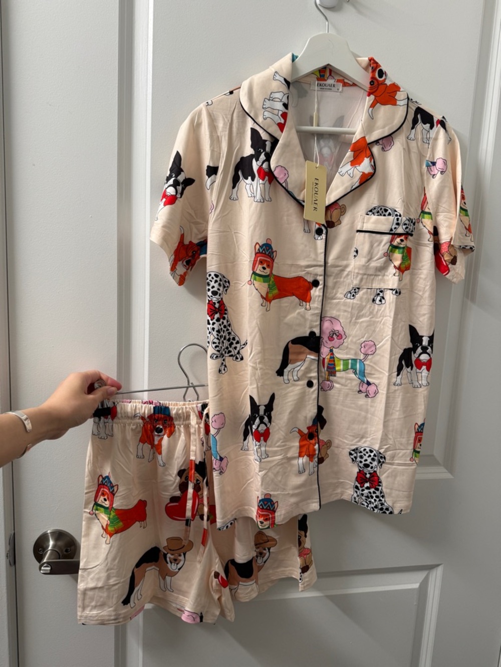 NWT Ekouaer Pajama Set Colorful Dog Print - Cream